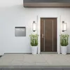 A modern house entrance with a silver mailbox, a dark wood door, and two potted plants. Podgląd zdjęcia produktu