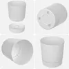 A collage of four images showing a white plant pot from different angles, including its disassembled parts and its base. Produktbild-Vorschau