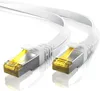 A close-up studio shot of two white flat Ethernet cables with silver and yellow connectors against a white background. Podgląd zdjęcia produktu