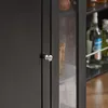A close-up view of a black cabinet with a silver knob and a glass door revealing a glass and bottles on shelves. Produktbild-Vorschau