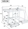 A diagram showing the dimensions of a white metal bunk bed with drawers and a ladder. Produktbild-Vorschau