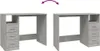 Two identical gray desks are shown side-by-side, with an arrow above indicating they are reversible or can be configured differently. Each desk has a top surface, a leg structure, and three drawers on one side. Anteprima dell’immagine prodotto