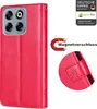 A red flip case for a smartphone, shown from the front with a close-up inset of the closure mechanism. Produktbild-Vorschau