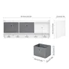 A diagram showing the dimensions of a white coat rack with gray storage bins and hooks, and a separate gray storage bin. Produktbild-Vorschau
