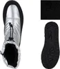 A top-down view of a silver winter boot with a black sole and lining, shown next to a swatch of black fur and a separate image of the boot's sole. Produktbild-Vorschau