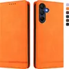 A product shot of an orange flip-style phone case, shown from both the front and back. Produktbild-Vorschau