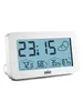 A white digital alarm clock with a blue screen displaying time, temperature, and humidity. Produktbild-Vorschau