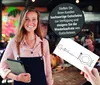 A smiling waitress in a restaurant holds a tablet and a voucher. Produktbild-Vorschau