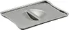 A close-up, studio shot of a gray rectangular lid with a raised, curved indentation in the center, on a white background. Produktbild-Vorschau