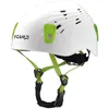A white climbing helmet with green accents and straps, shown against a white background. Voir les images du produit