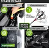 Collage of four images highlighting features of a lawnmower. Produktbild-Vorschau