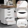 A white rolling storage cabinet with five drawers is shown under a desk. Inset images highlight features like water-repellent material, invisible handles, and smooth drawer slides. Produktbild-Vorschau
