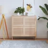 A bright and airy living room scene featuring a wooden cabinet, a floor lamp, plants, and artwork. Náhľad obrázku produktu