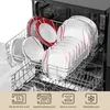A dishwasher rack filled with white and red patterned plates and bowls. Produktbild-Vorschau