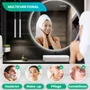 A woman with a towel on her head is looking in a lighted mirror in a bathroom. Below are four circular images showing different uses of the mirror. Produktbild-Vorschau