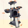 A dark gray cat tree with various platforms, a hammock, and a scratching ramp, with dimensions indicated by measurement lines and text. Produktbild-Vorschau