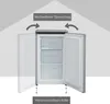 A gray and white refrigerator with its doors open, showing its interior drawers. Text overlays indicate features. Produktbild-Vorschau