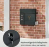 A dark gray mailbox with an owl design mounted on a brick wall, with a close-up inset showing keys and a lock. Produktbild-Vorschau
