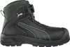 A side view of a black Puma safety boot with gray accents and a green collar. Produktbild-Vorschau