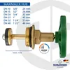 A close-up side view of a plumbing valve component with a size chart and branding information. Náhled obrázku produktu