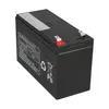 A black battery with a label on top and symbols on the side, isolated on a white background. Produktbild-Vorschau