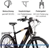 A close-up marketing image of an electric trekking bicycle, highlighting key features with text and icons. Produktbild-Vorschau