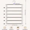 A multi-tier hanger for pants with dimension callouts and icons describing its features. Produktbild-Vorschau