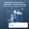 A marketing image showcasing intelligent person, vehicle, and animal detection features of a security camera system. It depicts a dog, a person holding a tablet with icons of a dog paw, a person, and a car, and a white car, all within a digital grid overla Produktbild-Vorschau