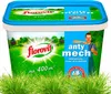 A product container for lawn fertilizer, with a grassy foreground and a scenic background illustration. Produktbild-Vorschau