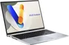 A silver Asus Vivobook laptop is shown from a diagonal angle, open with the screen displaying a colorful abstract graphic and the "ASUS Vivobook" logo. Produktbild-Vorschau