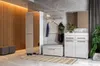A modern entryway with a white high-gloss sideboard, a mirrored wardrobe, and wooden wall paneling. Produktbild-Vorschau