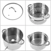 A collage of four images showing different parts of a stainless steel pot set. Produktbild-Vorschau