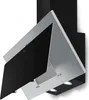 A modern kitchen range hood with a black glass front panel and stainless steel accents, shown from a diagonal angle against a white background. Náhľad obrázku produktu