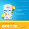 A product shot of a white tub of ALLNUTRITION Isotonic powder with lemons and leaves, accompanied by marketing text. Produktbild-Vorschau