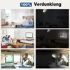 Collage showing the product's effectiveness in different settings: bedroom, living room, and RV, both in light and dark conditions. Produktbild-Vorschau