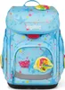 A light blue children's backpack with a star pattern and various colorful patches and graphics. Produktbild-Vorschau