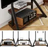 A collage of images showing a TV stand with different electronic devices and books on its shelves. Produktbild-Vorschau