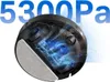 A close-up, cutaway view of a robot vacuum cleaner's internal mechanism, showing dust being sucked in, with a large text overlay indicating suction power. Produktbild-Vorschau