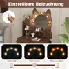 A vanity table with a cat-shaped mirror and integrated lighting, shown with different lighting modes and a close-up of the light switch. Podgląd zdjęcia produktu