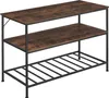A three-tier shelving unit with a rustic wood-grain finish and black metal frame, shown against a white background. Voir les images du produit