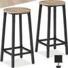 Two bar stools with wooden seats and black metal legs are shown against a white background. Náhled obrázku produktu