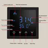 A digital thermostat with labels pointing to different features. Voir les images du produit