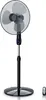 A black pedestal fan with a remote control against a white background. Voir les images du produit