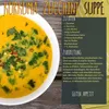 A bowl of yellow soup with green herbs and red chili flakes, next to a recipe for Kurkuma Zucchini Suppe. Produktbild-Vorschau