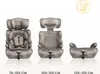 Three different configurations of a gray car seat are displayed side-by-side, with size indicators below each. Náhled obrázku produktu