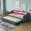 A dark gray daybed with a pull-out trundle bed is set up in a bedroom with light blue walls. The daybed has built-in shelves with pink LED lighting and a tablet is placed on one of the shelves. A small wooden side table with a vase and a lamp are also visi Produktbild-Vorschau