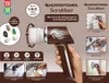 A hand holding a brown electric scrubber with various attachments and feature callouts. Produktbild-Vorschau