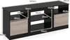 A diagram showing the dimensions of a black and wood TV stand. Podgląd zdjęcia produktu
