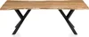 A wooden dining table with black metal legs, shown from the front. Produktbild-Vorschau