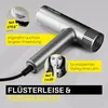 A close-up marketing image of a hairdryer with overlaid text highlighting its features. Produktbild-Vorschau